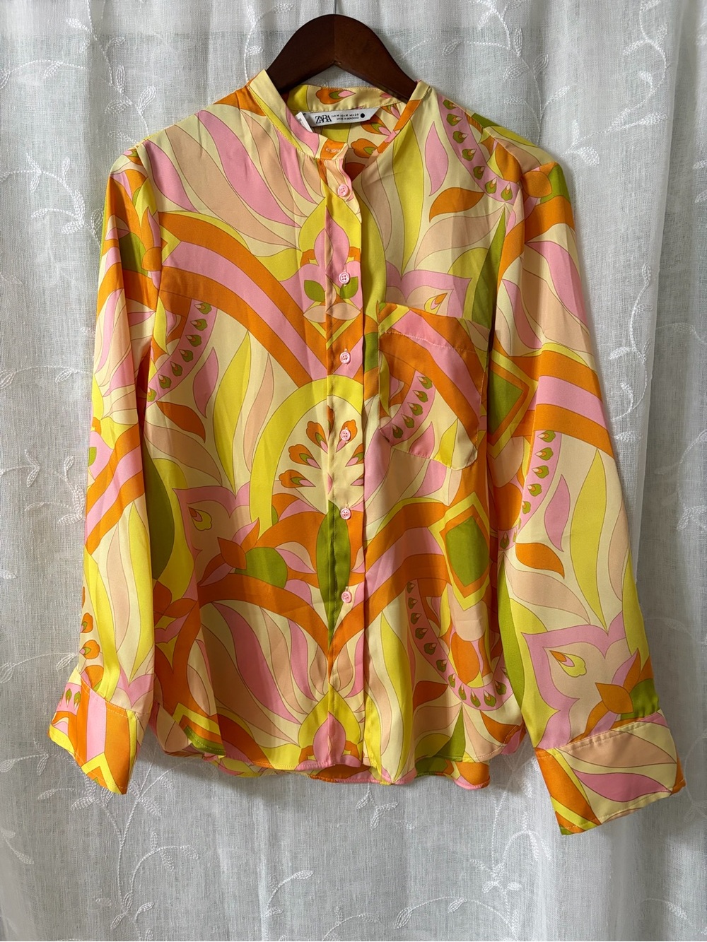 Zara Pink Orange Yellow Abstract Print Button-Down Blouse Size Medium